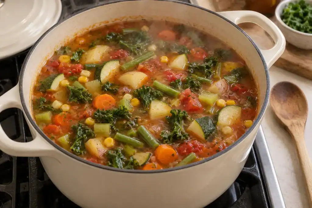 Garden vegetable soup simmering with tomatoes, zucchini, carrots, green beans, corn, potatoes, celery, and kale