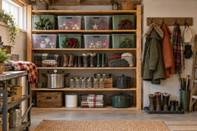 Seasonal storage ideas for holiday decor, winter gear, and canning equipment