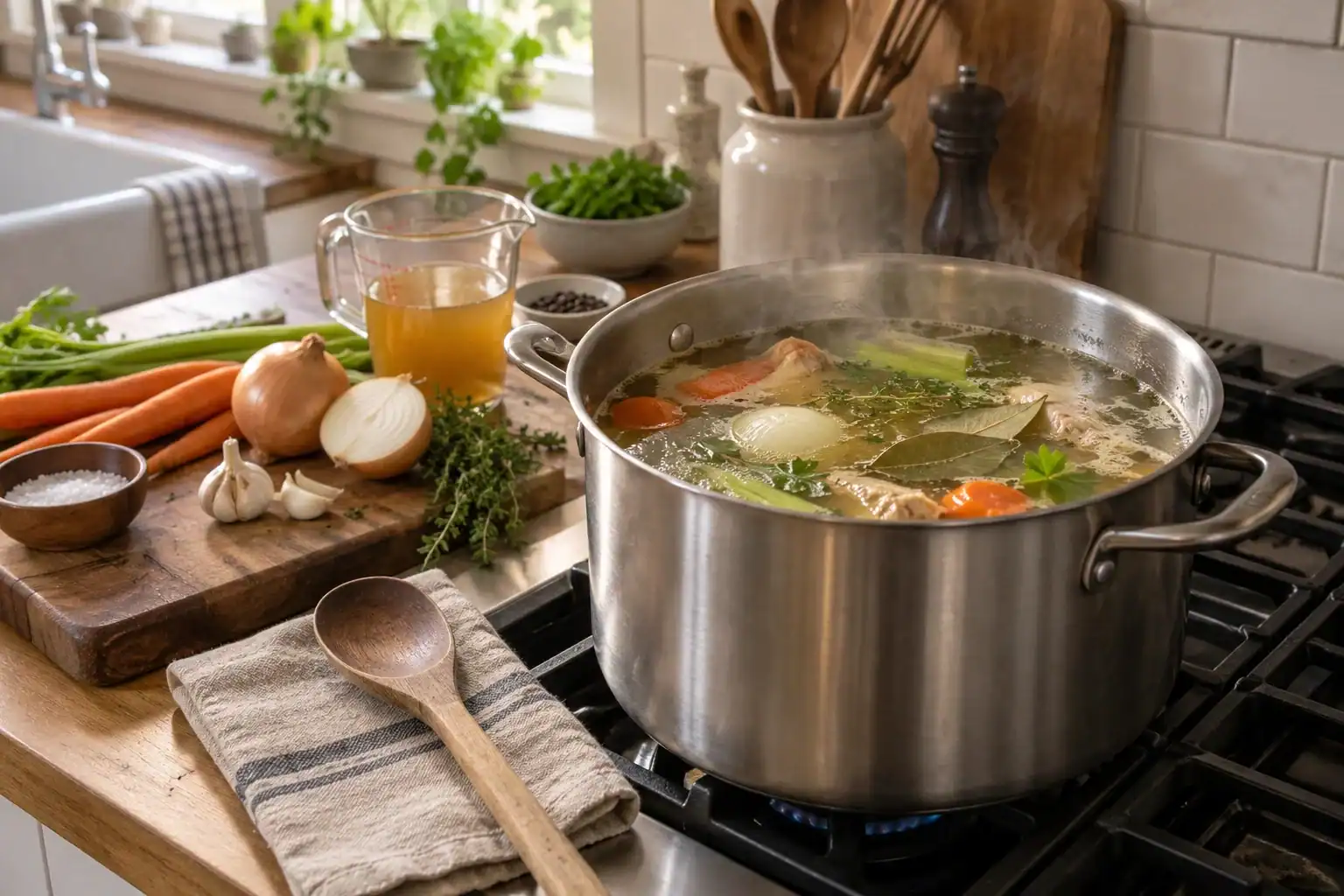 Best Stockpot For Canning, Broth, And Big-Batch Homestead Cooking 3 Large stainless steel stockpot simmering homemade broth on a farmhouse stove.