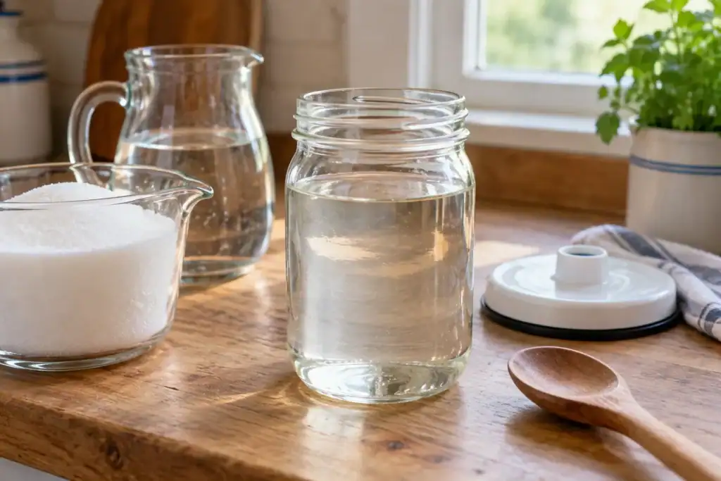 Clear sugar syrup for bees in a glass jar beside white granulated sugar and water