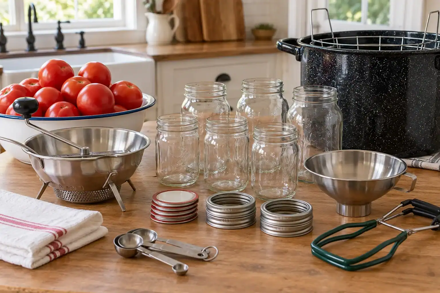 Canned Tomato Sauce Recipe From Fresh Garden Tomatoes 6 Assorted jars, lids, and canning tools on a kitchen countertop with fresh tomatoes in a bowl, ready for home canning.