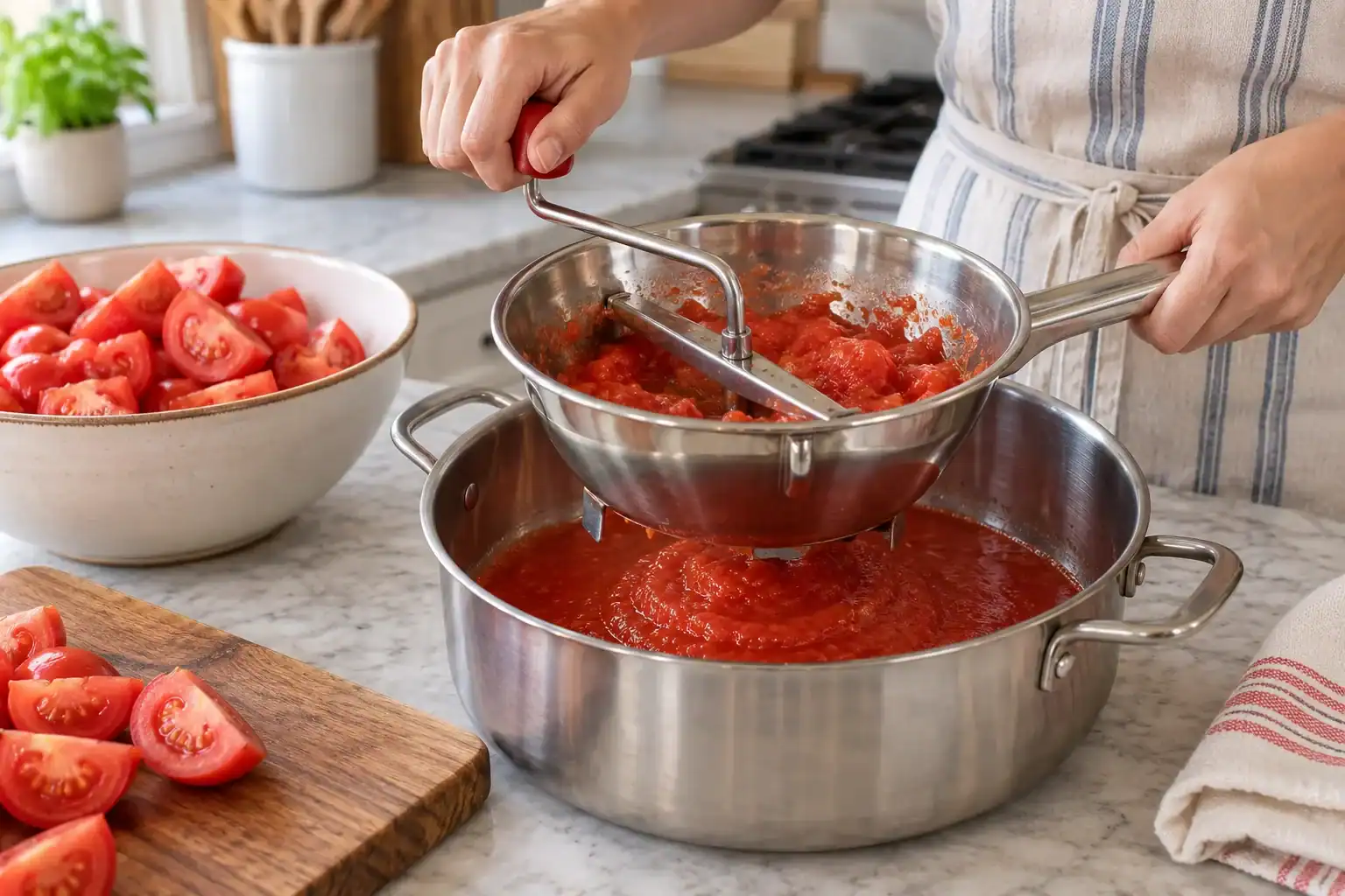 Canned Tomato Sauce Recipe From Fresh Garden Tomatoes 8 Person making fresh tomato sauce using a double boiler on a kitchen countertop with chopped tomatoes nearby.