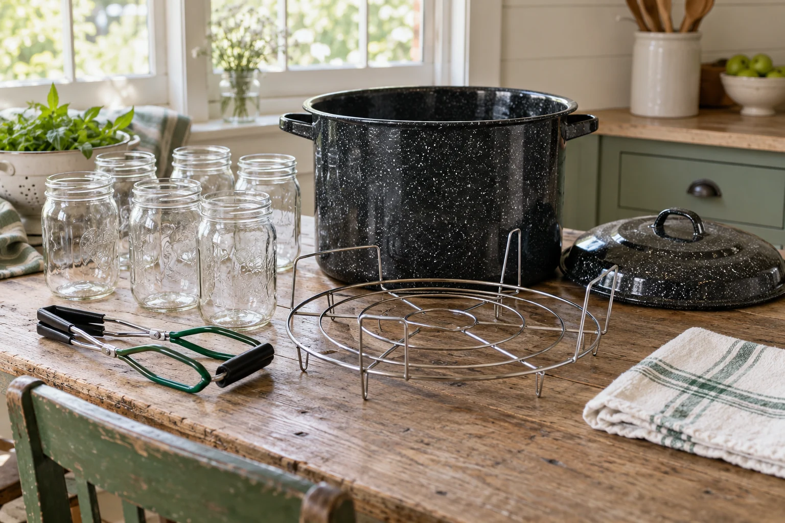 Best Stockpot For Canning, Broth, And Big-Batch Homestead Cooking 5 Enamel water-bath canner, metal jar rack, mason jars, and jar lifter on a table.